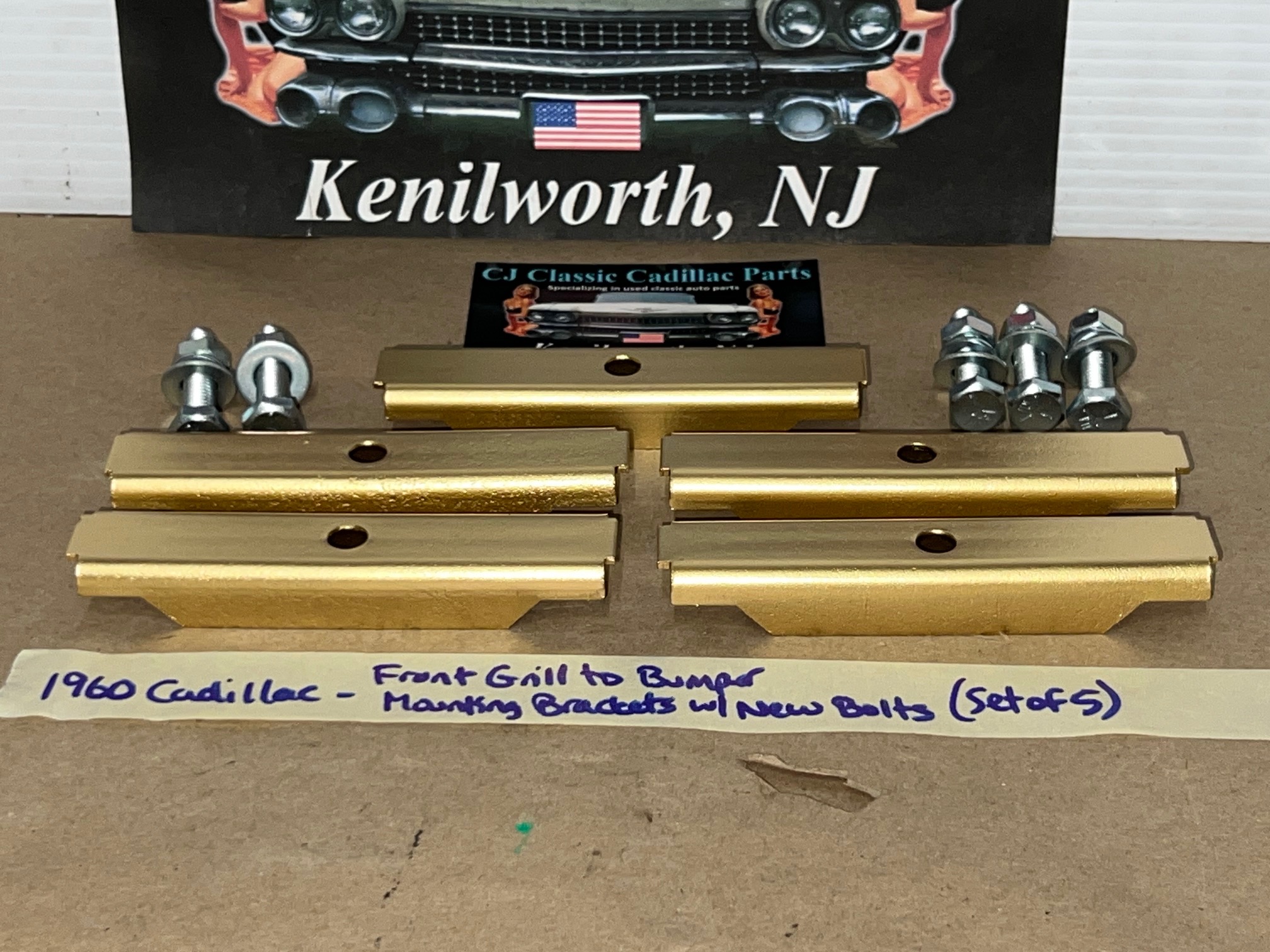 OEM 1960 Cadillac Deville Eldorado Fleetwood FRONT GRILL TO BUMPER MOUNTING BRACKETS WITH NEW BOLTS - SET OF 5 - Image 2