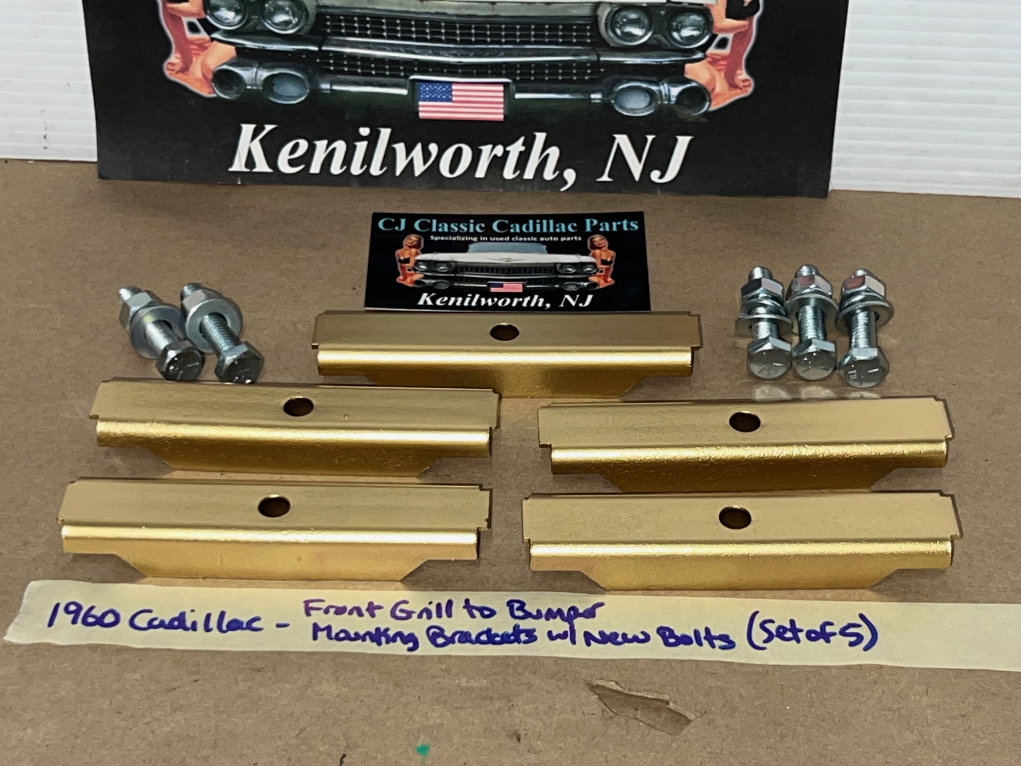 OEM 1960 Cadillac Deville Eldorado Fleetwood FRONT GRILL TO BUMPER MOUNTING BRACKETS WITH NEW BOLTS - SET OF 5 - Image 4