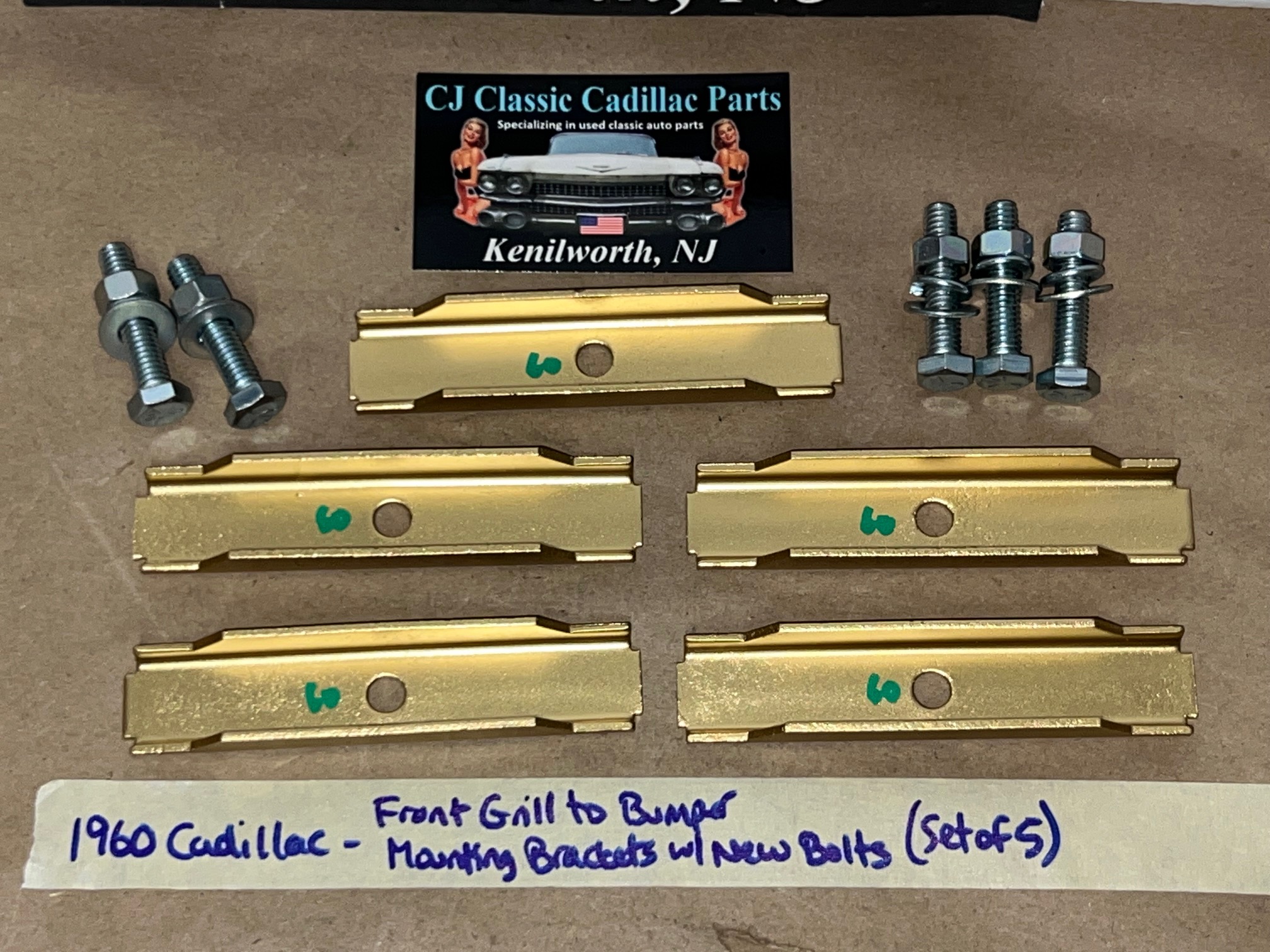 OEM 1960 Cadillac Deville Eldorado Fleetwood FRONT GRILL TO BUMPER MOUNTING BRACKETS WITH NEW BOLTS - SET OF 5 - Image 6
