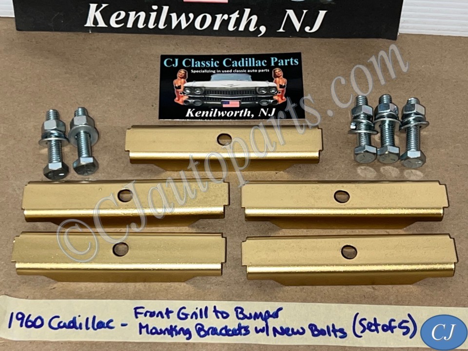 OEM 1960 Cadillac Deville Eldorado Fleetwood FRONT GRILL TO BUMPER MOUNTING BRACKETS WITH NEW BOLTS - SET OF 5