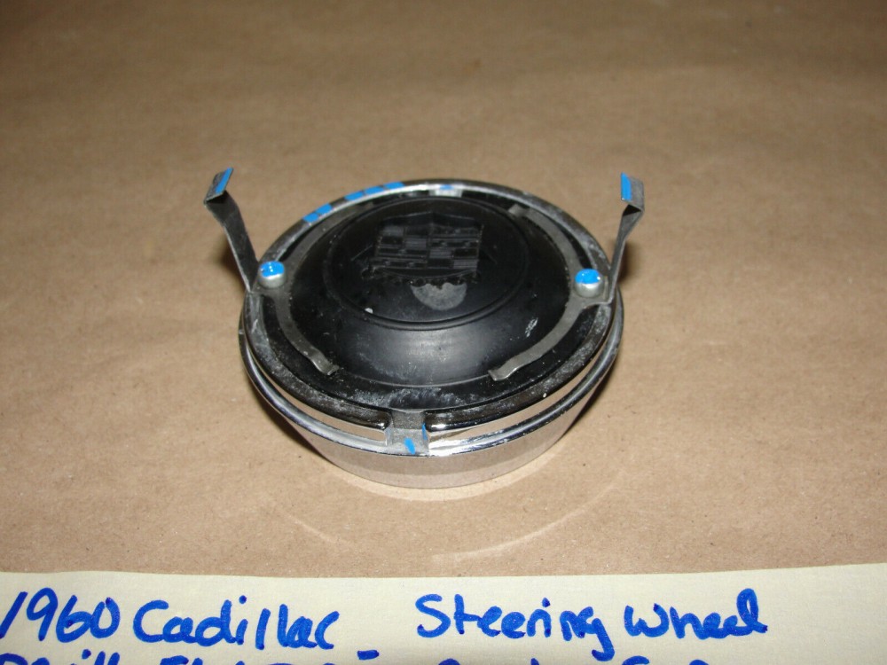 OEM 1960 Cadillac Deville Eldorado Fleetwood FLAT TOP STEERING WHEEL HORN BAR CENTER CAP TRIM WITH EMBLEM - Image 11
