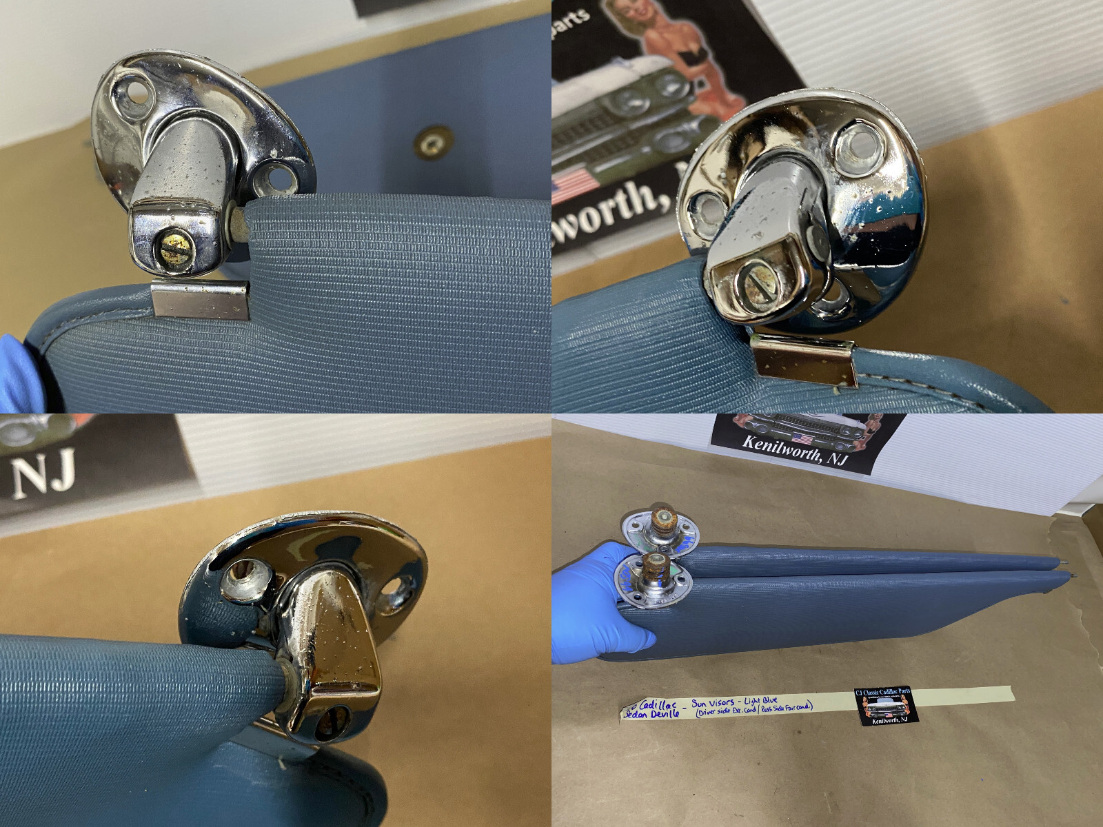 OEM 1965 1966 1967 1968 Cadillac Fleetwood Deville Calais 1967 1968 Eldorado LEFT & RIGHT SUN VISORS WITH HINGES - LIGHT BLUE - Image 21