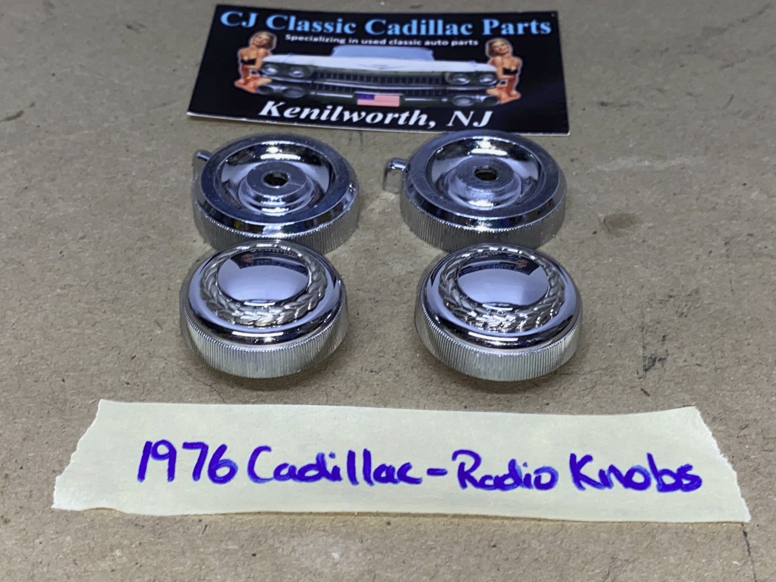 OEM 1974 1975 1976 Cadillac Deville Fleetwood Calais 1974 1975 1976 1977 1978 Eldorado 1976 1977 1978 1979 Seville DASH RADIO KNOBS w/GOLD WREATH BEZELS ESCUTCHEONS #1602756/#1497099 - Image 2