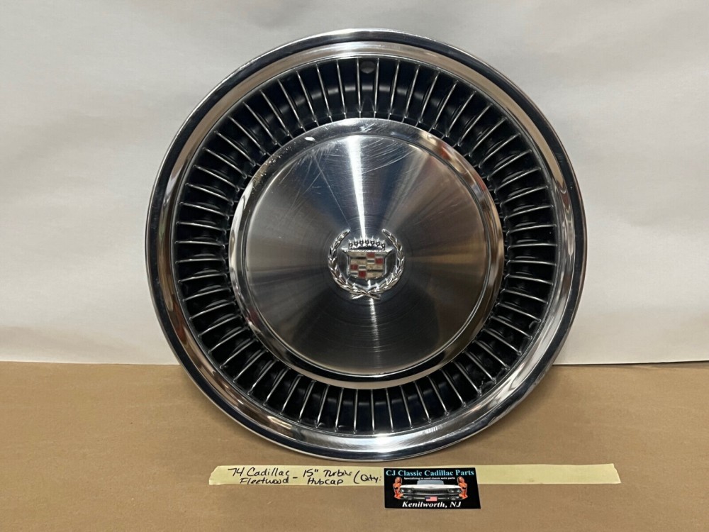 OEM 1974 1975 1976 Cadillac Deville Fleetwood 15" TURBINE HUBCAP WHEEL COVER W/CREST WREATH EMBLEM #001 - Image 6