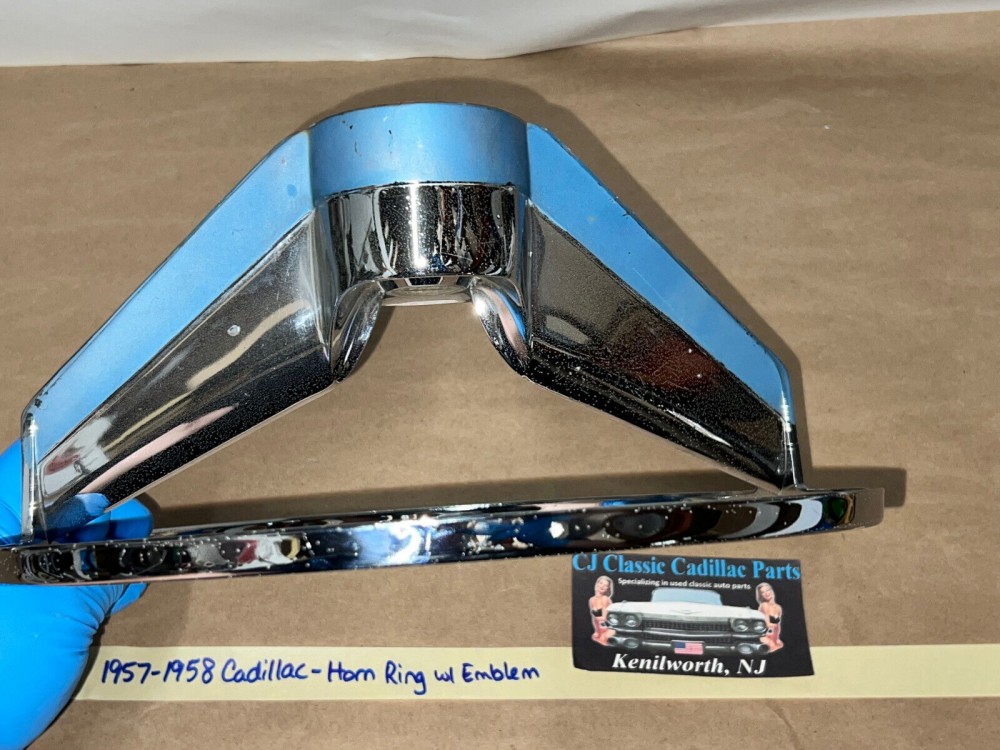 OEM 1957-1958 CADILLAC DEVILLE ELDORADO FLEETWOOD STEERING WHEEL HORN RING WITH EMBLEM & SPRING CONTACT #1465948 - Image 7