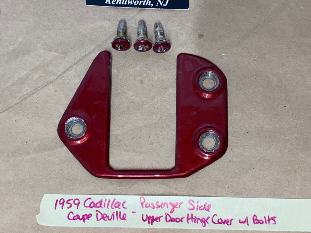 OEM 1959 1960 Cadillac Deville Eldorado Fleetwood RIGHT FRONT DOOR UPPER DOOR HINGE COVER PLATE WITH BOLTS #4750404 - Image 2