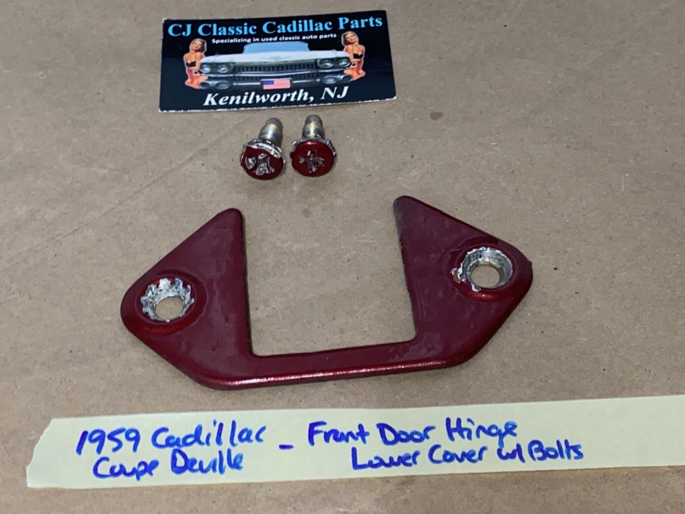 OEM 1959 1960 Cadillac Deville Eldorado Fleetwood FRONT LOWER DOOR HINGE COVER PLATE WITH BOLTS #4750406 - Image 3