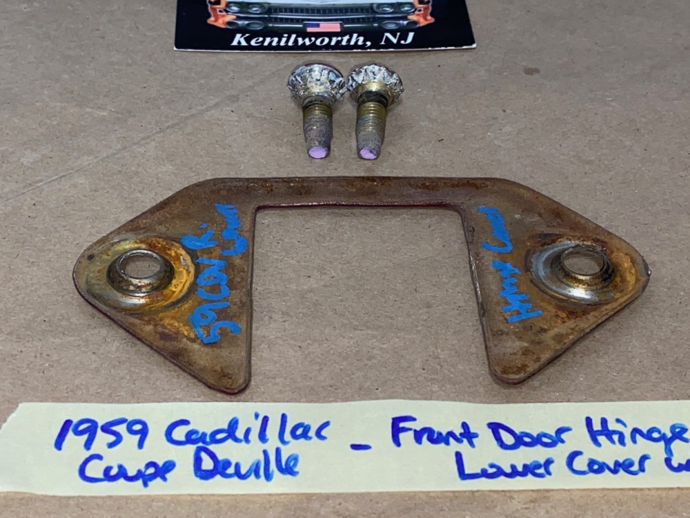 OEM 1959 1960 Cadillac Deville Eldorado Fleetwood FRONT LOWER DOOR HINGE COVER PLATE WITH BOLTS #4750406 - Image 6