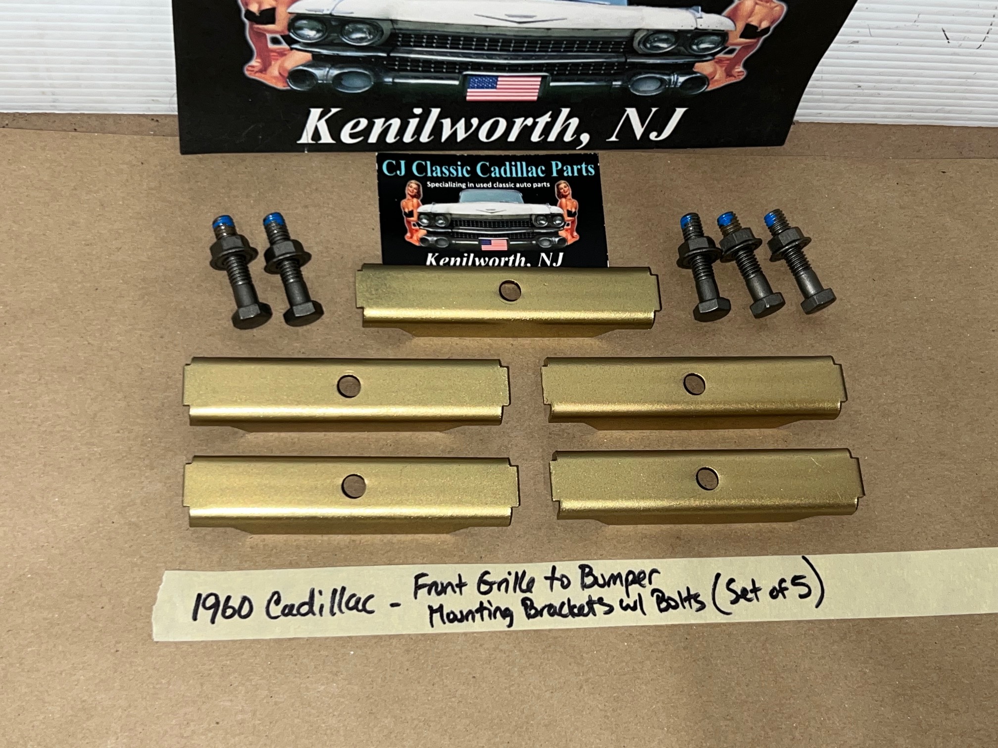 OEM 1960 Cadillac Deville Eldorado Fleetwood FRONT GRILL TO BUMPER MOUNTING BRACKETS W/FACTORY TR STAMPED BOLTS - SET OF 5 - Image 2