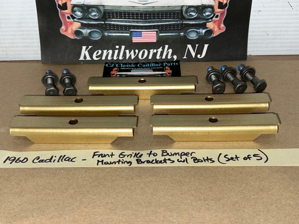 OEM 1960 Cadillac Deville Eldorado Fleetwood FRONT GRILL TO BUMPER MOUNTING BRACKETS W/FACTORY TR STAMPED BOLTS - SET OF 5 - Image 3