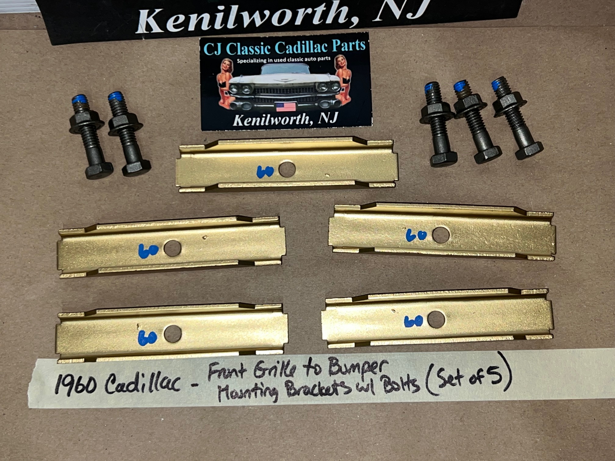 OEM 1960 Cadillac Deville Eldorado Fleetwood FRONT GRILL TO BUMPER MOUNTING BRACKETS W/FACTORY TR STAMPED BOLTS - SET OF 5 - Image 4