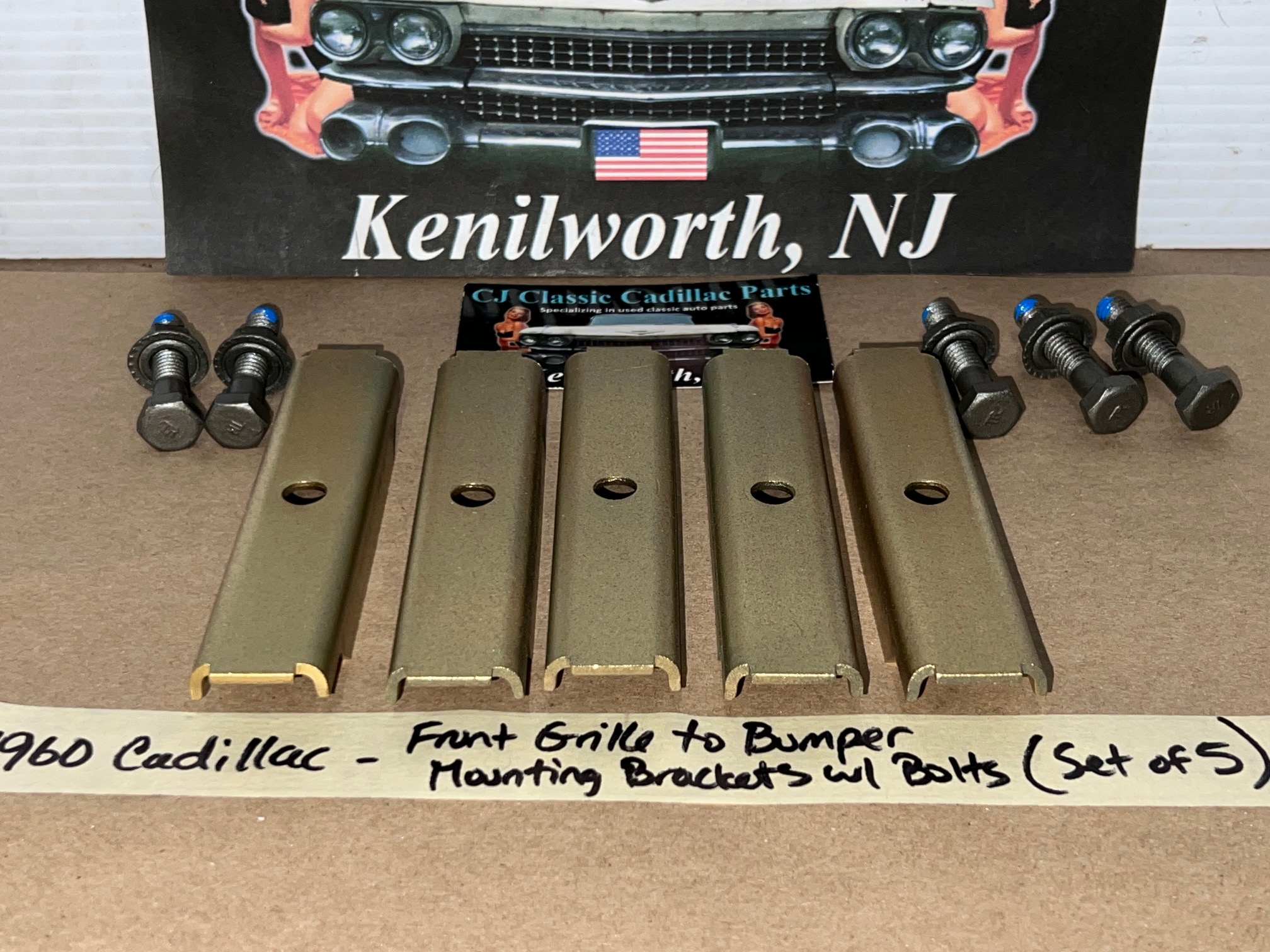 OEM 1960 Cadillac Deville Eldorado Fleetwood FRONT GRILL TO BUMPER MOUNTING BRACKETS W/FACTORY TR STAMPED BOLTS - SET OF 5 - Image 9