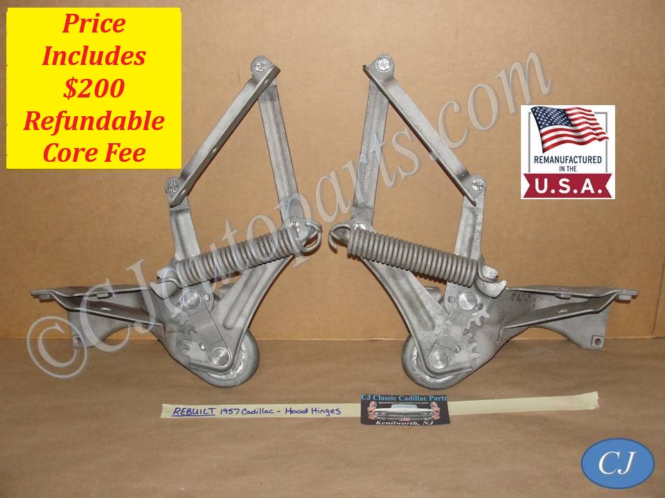 REBUILT FACTORY ORIGINAL 1957 CADILLAC ELDORADO FLEETWOOD DEVILLE HOOD HINGES WITH SPRINGS - NEW RIVETS