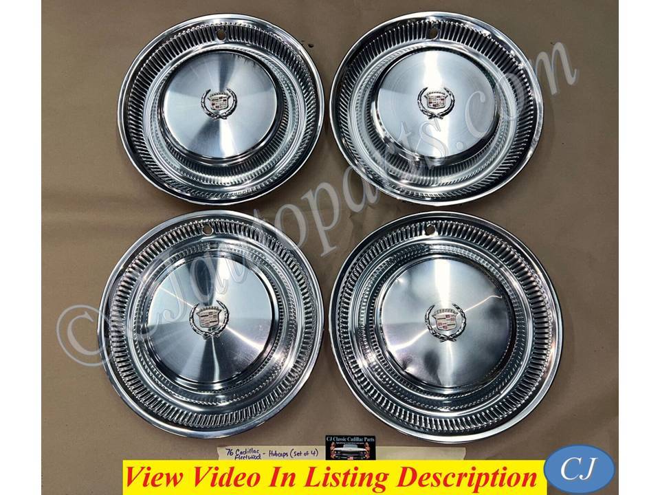 OEM 1974 1975 1976 Cadillac Fleetwood Deville 15" HUB CAPS HUBCAPS WHEEL COVERS W/ WREATH CREST EMBLEM SET OF 4