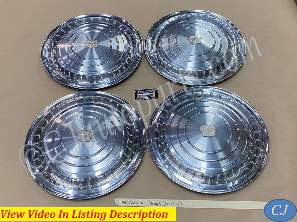 OEM 1960 Cadillac Deville Eldorado Fleetwood 15" HUBCAPS WHEEL COVER WITH CREST EMBLEMS (SET OF 4)
