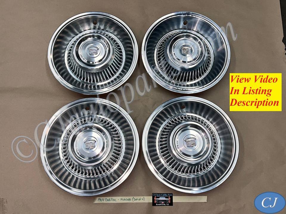 OEM 1963 1964 Cadillac Deville Fleetwood 15" HUB CAPS HUBCAPS WHEEL COVERS WITH CREST EMBLEM - SET OF 4