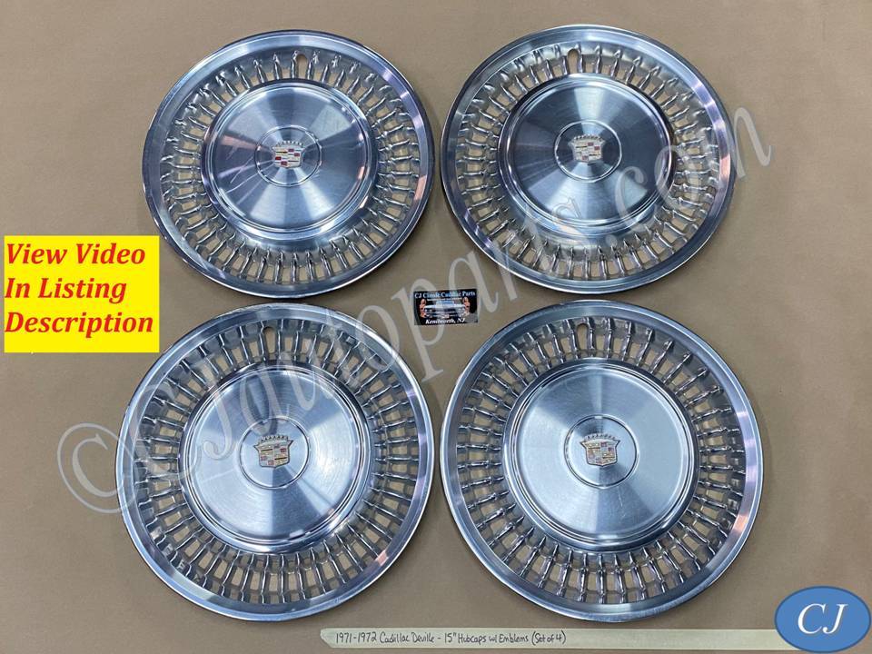 OEM 1971-1972 Cadillac Deville Fleetwood Calais 15" HUBCAPS WHEEL COVERS WITH CREST EMBLEMS (SET OF 4)