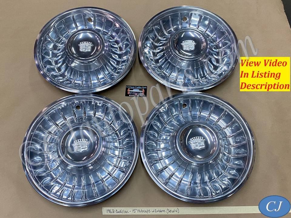OEM 1961 1962 Cadillac Deville Eldorado Fleetwood 15" HUBCAPS WHEEL COVER WITH CREST EMBLEMS (SET OF 4)