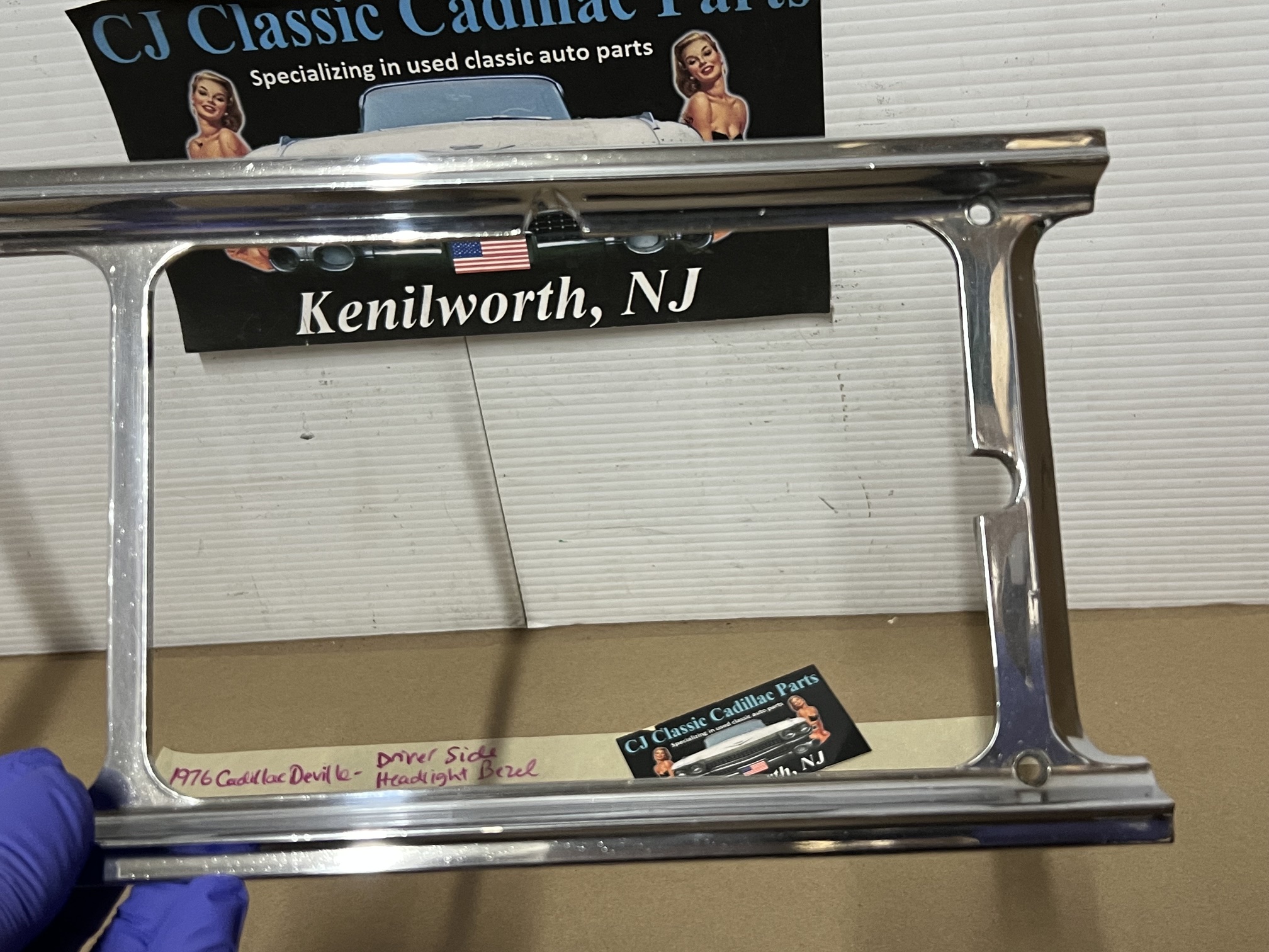 OEM 1975 1976 Cadillac Deville Fleetwood Calais Commercial Chassis LEFT DRIVER SIDE HEADLIGHT BEZEL TRIM #1605304 - Image 11