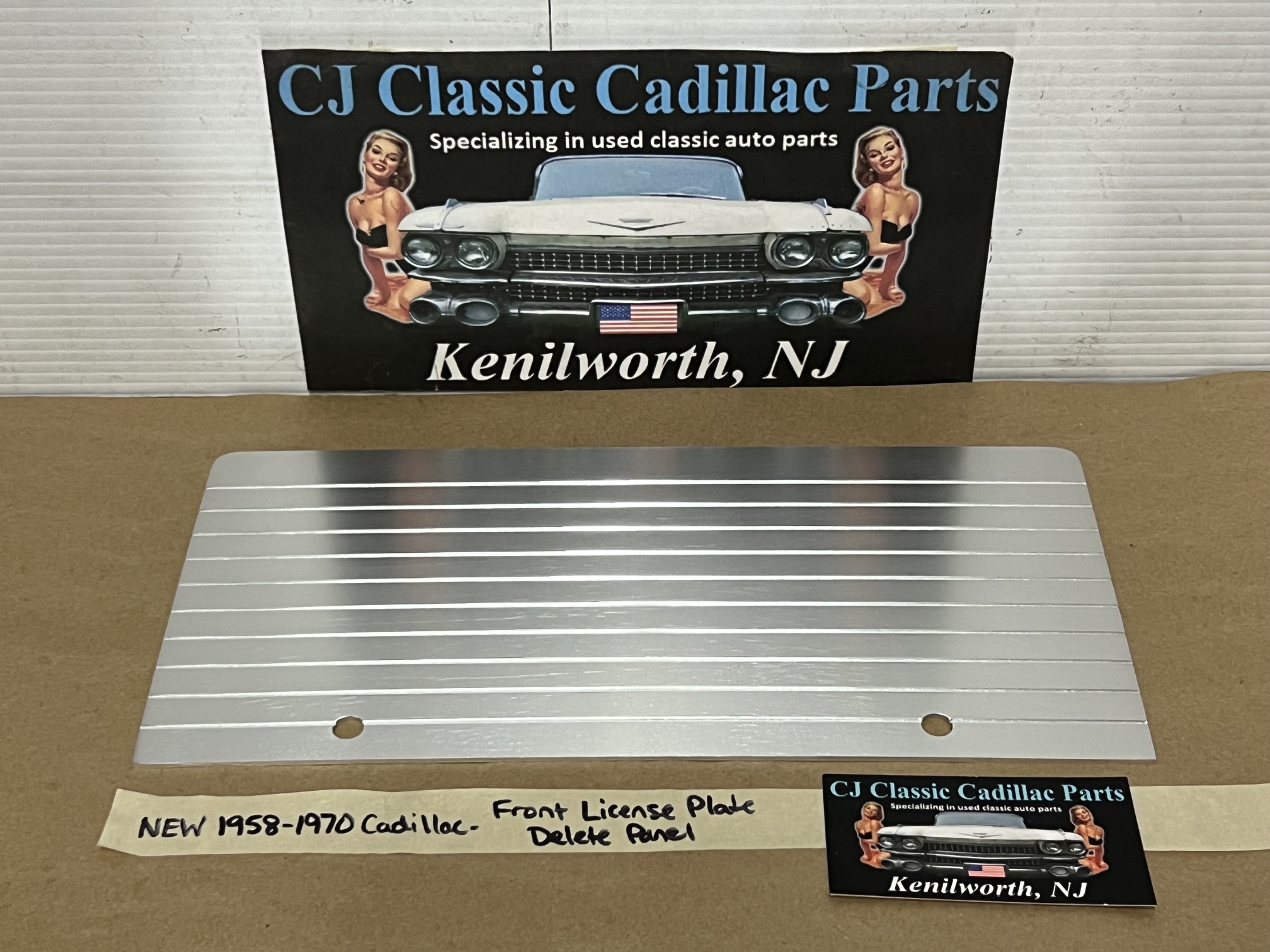 NEW 1958 1959 1960 1961 1962 1963 1964 1965 1966 1967 1968 1969 1970 Cadillac Deville Eldorado Fleetwood Calais FRONT LICENSE PLATE DELETE FILLER PANEL (Replaces #1480301) - Image 2