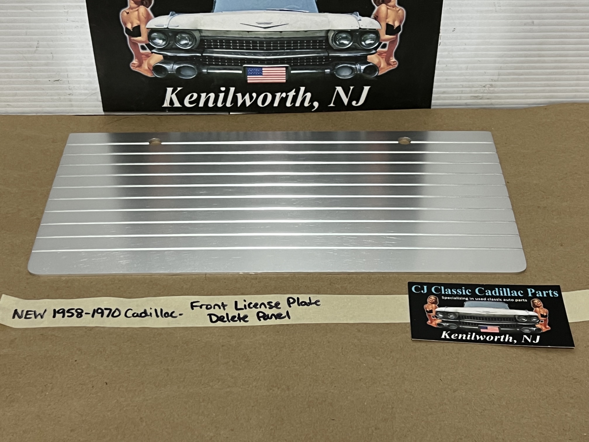 NEW 1958 1959 1960 1961 1962 1963 1964 1965 1966 1967 1968 1969 1970 Cadillac Deville Eldorado Fleetwood Calais FRONT LICENSE PLATE DELETE FILLER PANEL (Replaces #1480301) - Image 4