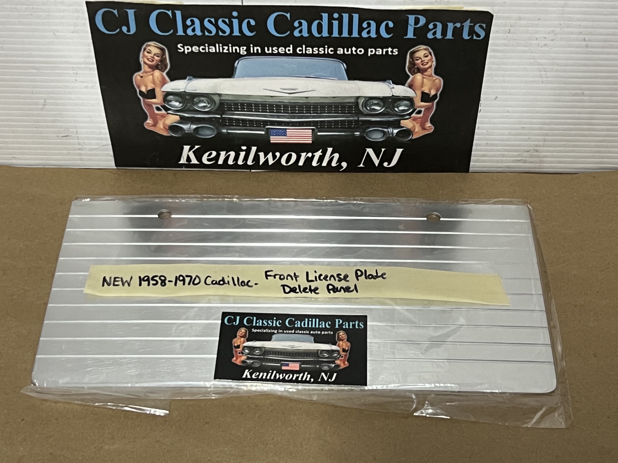 NEW 1958 1959 1960 1961 1962 1963 1964 1965 1966 1967 1968 1969 1970 Cadillac Deville Eldorado Fleetwood Calais FRONT LICENSE PLATE DELETE FILLER PANEL (Replaces #1480301) - Image 8
