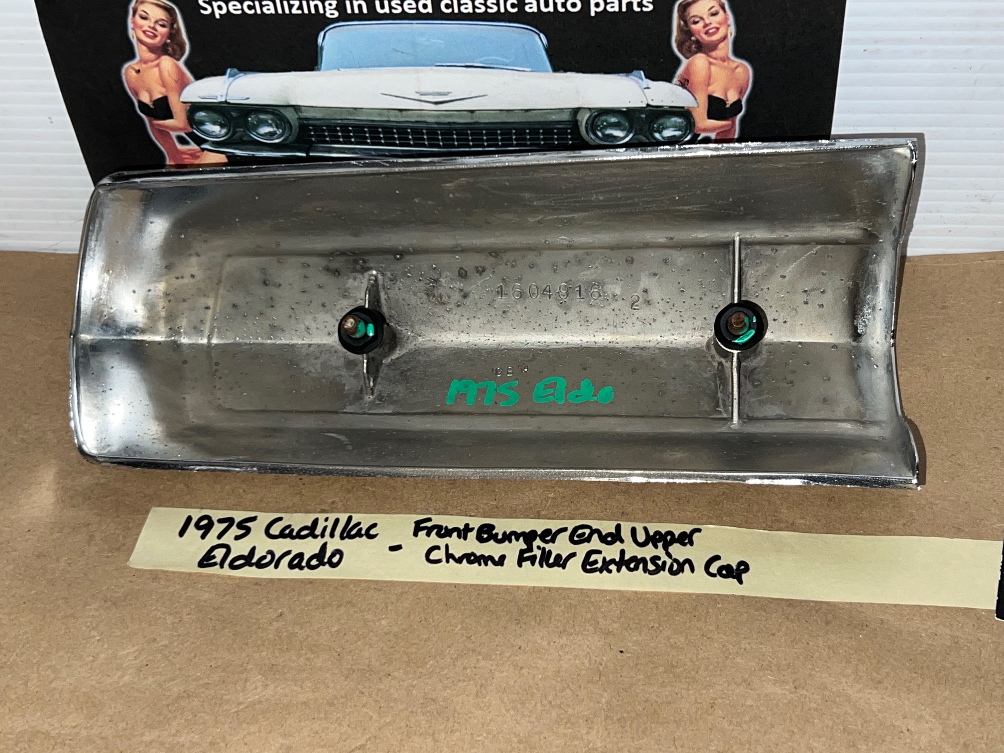 OEM 1975 1976 1977 1978 Cadillac Eldorado FRONT BUMPER END UPPER FENDER EXTENSION CHROME FILLER CAP #1604916 - Image 18