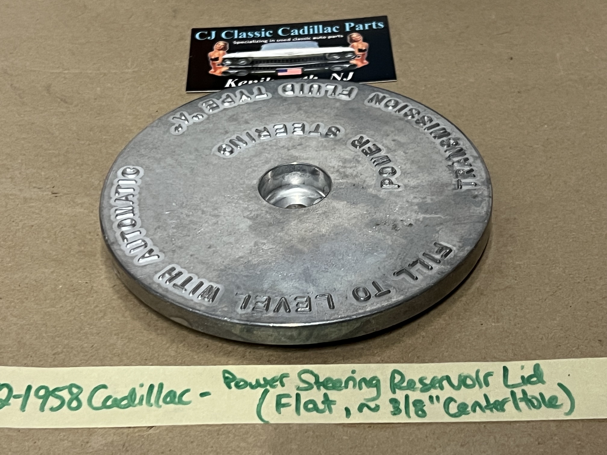 NEW 1952 1953 1954 1955 1956 1957 1958 CADILLAC DEVILLE FLEETWOOD ELDORADO FLAT POWER STEERING PUMP RESERVOIR CAP LID COVER ~ 3/8" CENTER HOLE - Image 5