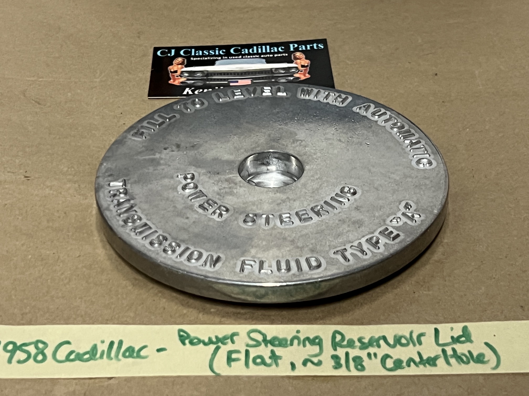 NEW 1952 1953 1954 1955 1956 1957 1958 CADILLAC DEVILLE FLEETWOOD ELDORADO FLAT POWER STEERING PUMP RESERVOIR CAP LID COVER ~ 3/8" CENTER HOLE - Image 7