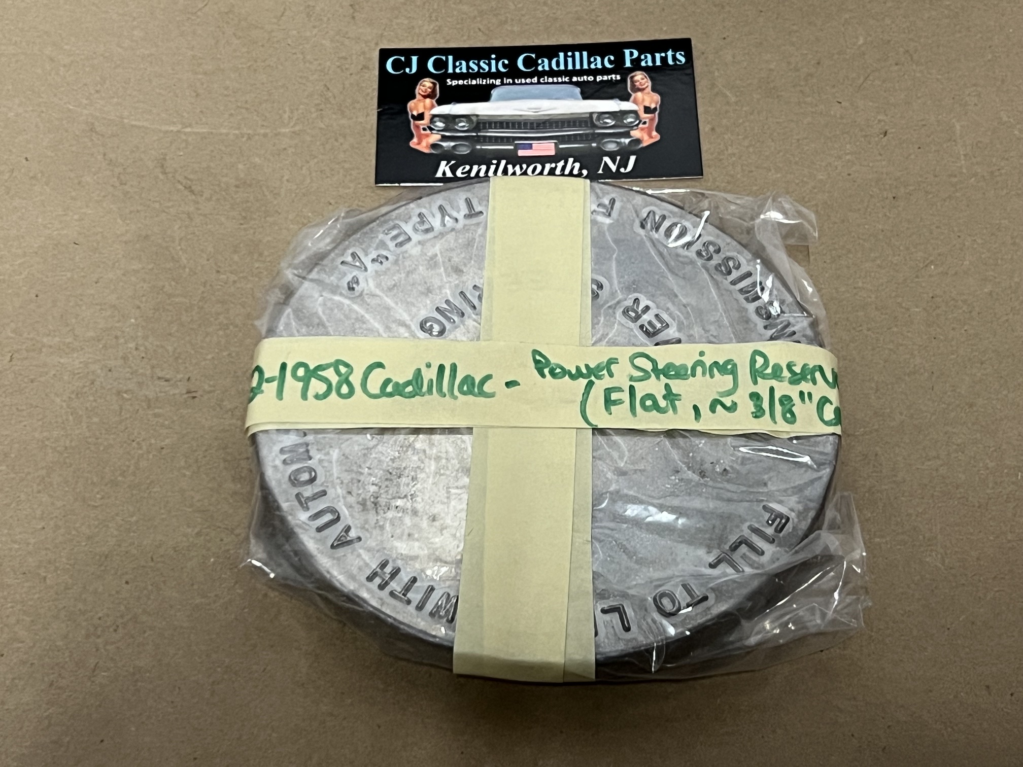 NEW 1952 1953 1954 1955 1956 1957 1958 CADILLAC DEVILLE FLEETWOOD ELDORADO FLAT POWER STEERING PUMP RESERVOIR CAP LID COVER ~ 3/8" CENTER HOLE - Image 9