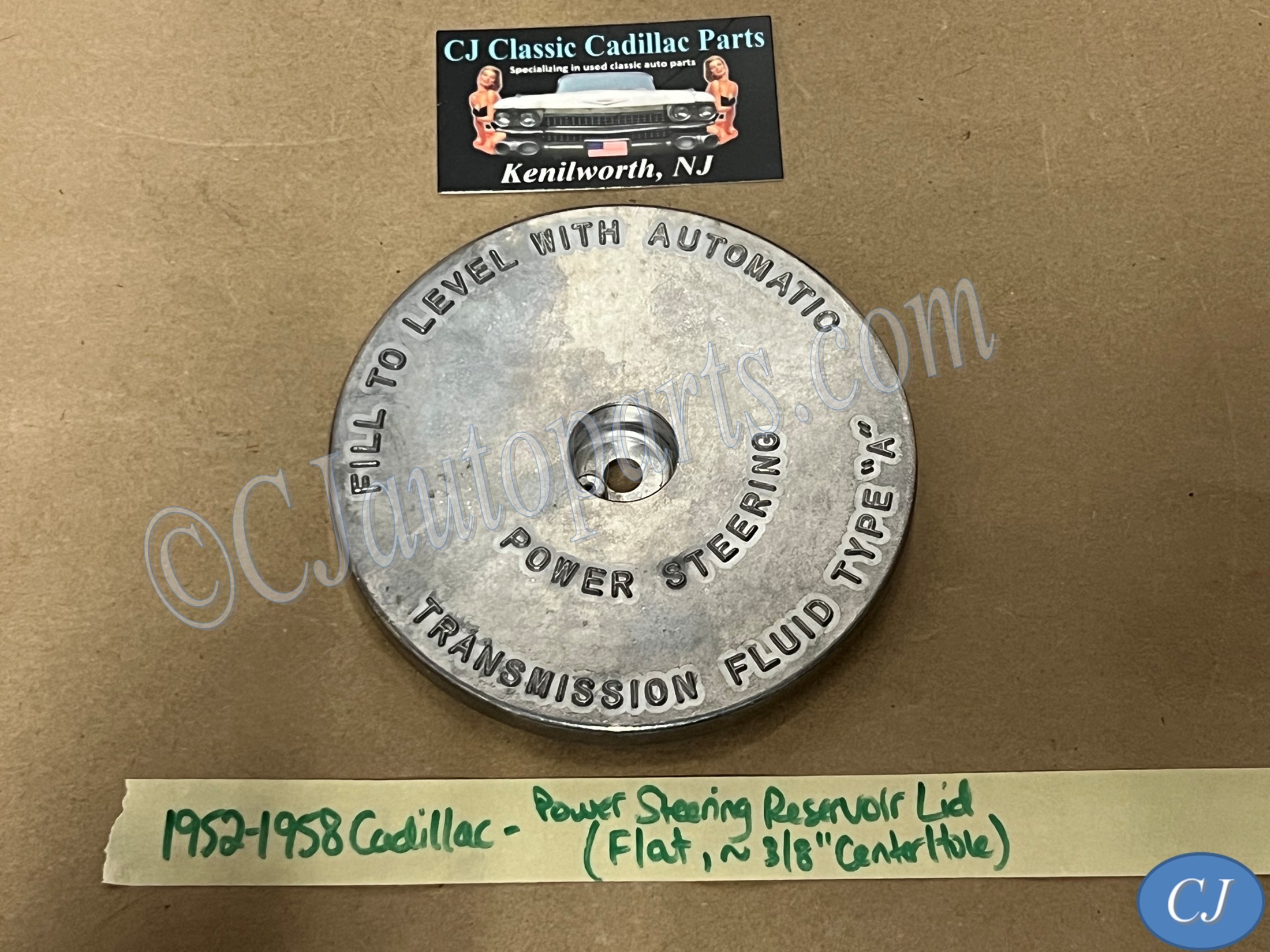 NEW 1952 1953 1954 1955 1956 1957 1958 CADILLAC DEVILLE FLEETWOOD ELDORADO FLAT POWER STEERING PUMP RESERVOIR CAP LID COVER ~ 3/8" CENTER HOLE